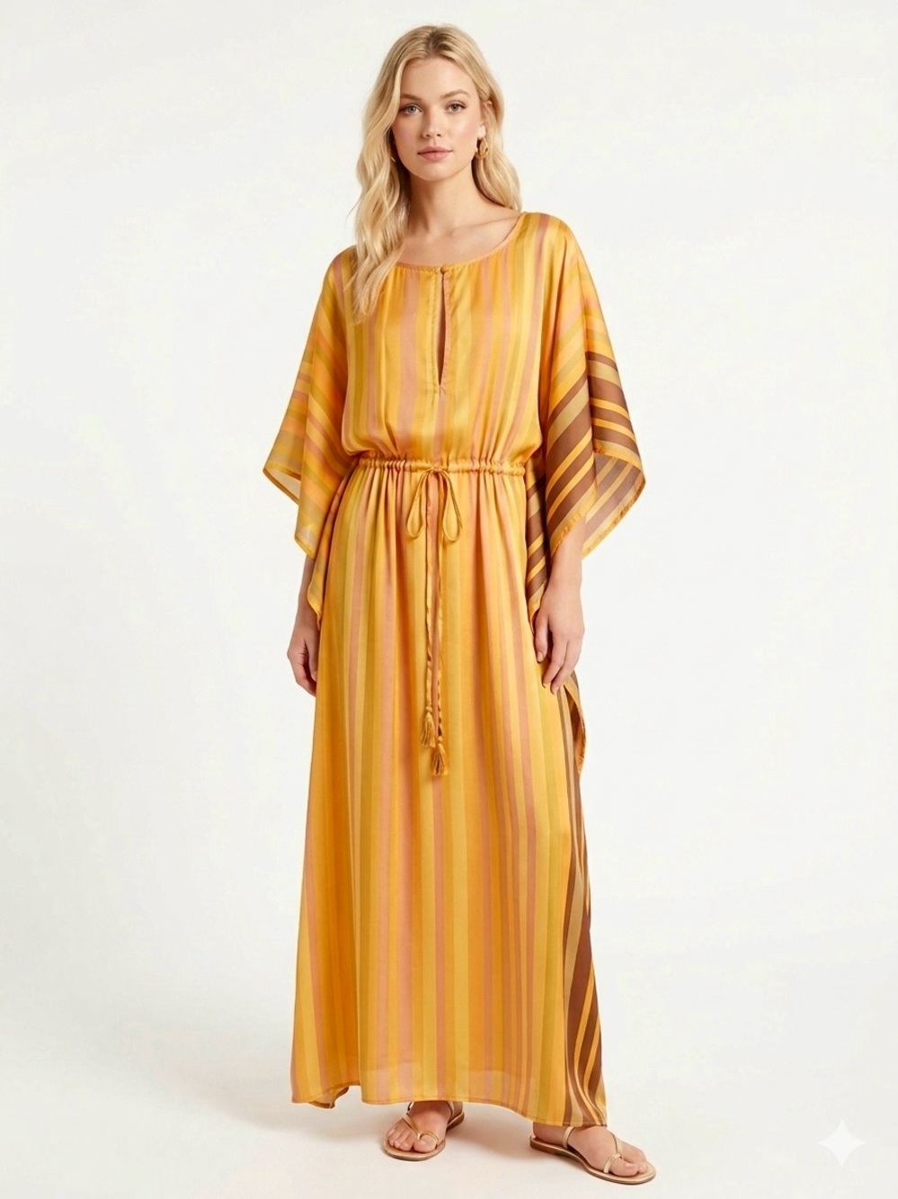 Anthropologie Satin Stripe Kaftan Maxi Dress Orange Pink One Size